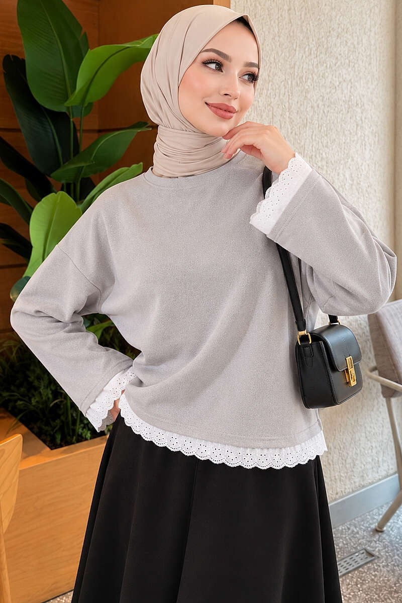 Dantel Detaylı Basic Tunik Gri