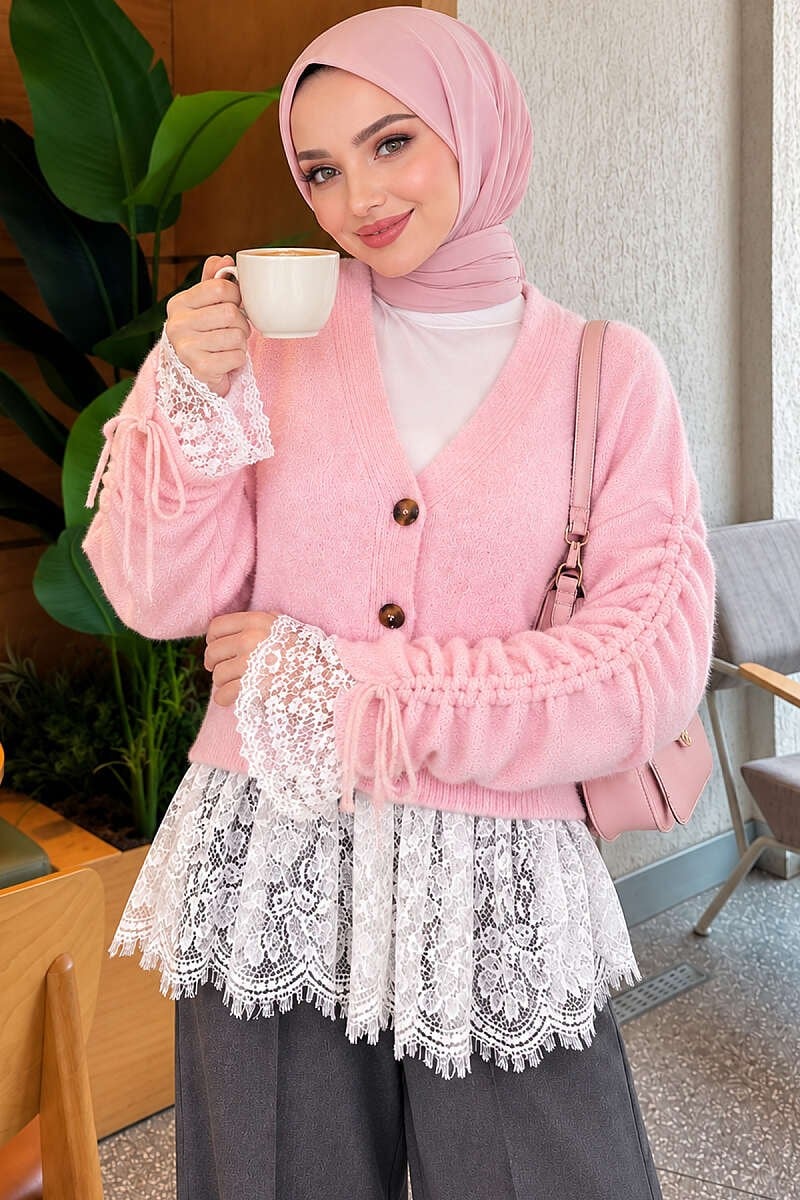 Dantel Detaylı Kolları Büzgülü Triko Hırka Pembe