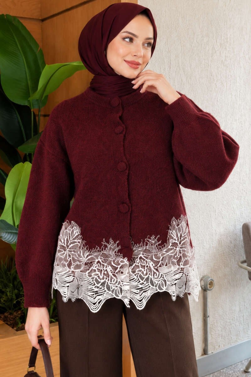 Dantel İşlemeli Triko Hırka Bordo
