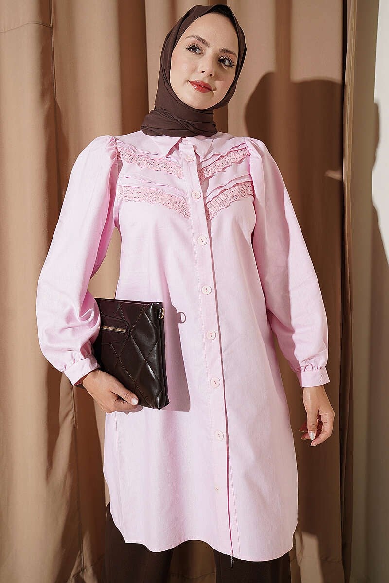 Dantel Nervürlü Tunik Pembe
