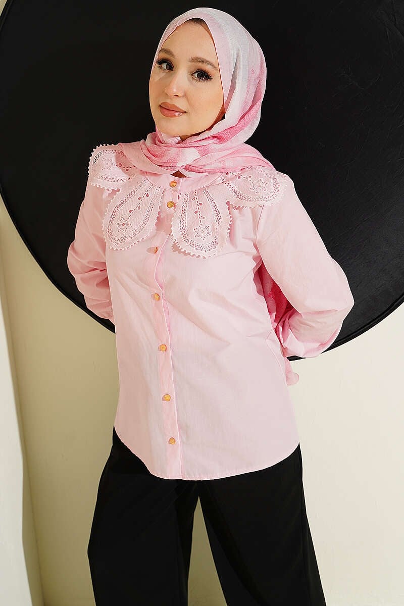 Dantelli Bebe Yakalı Poplin Gömlek Pembe