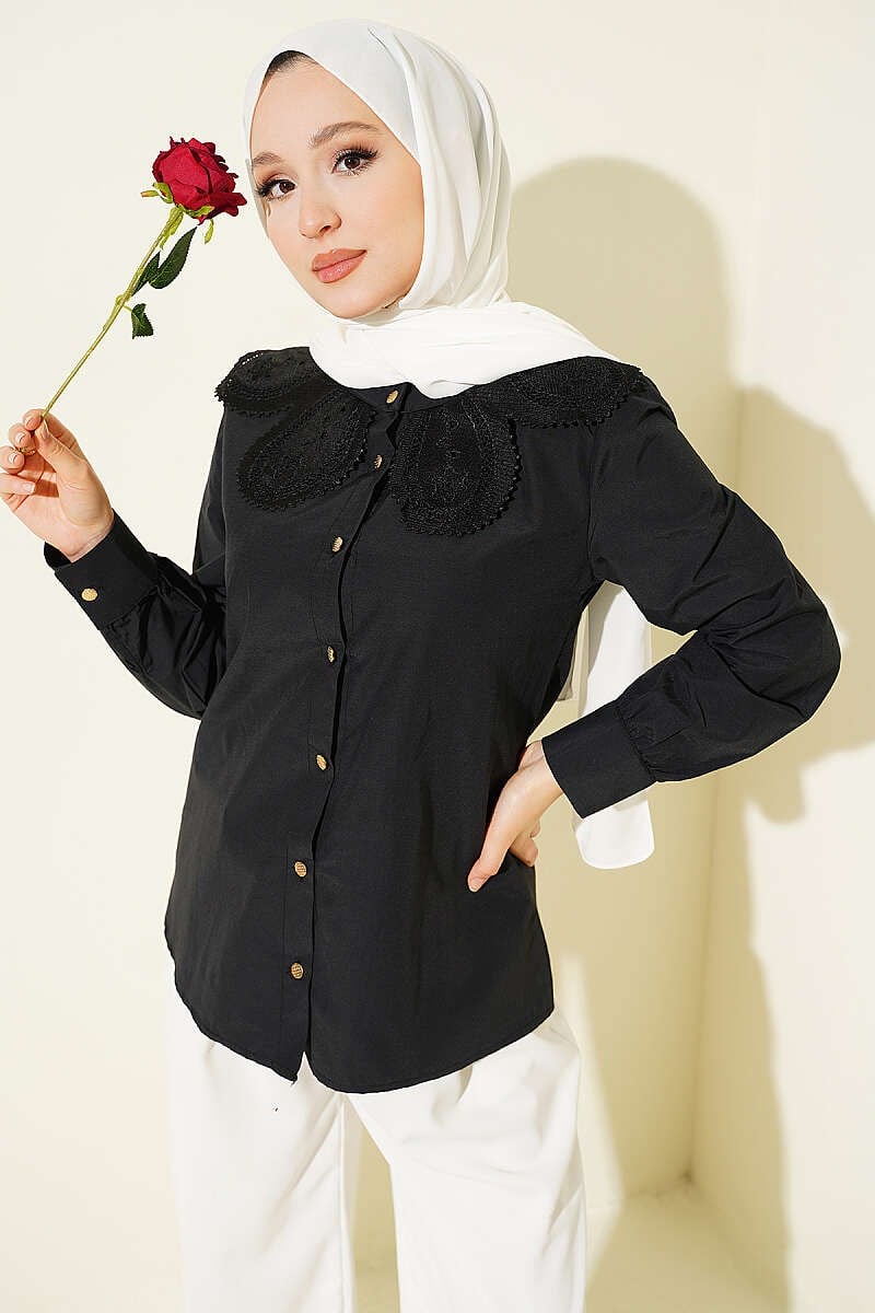 Dantelli Bebe Yakalı Poplin Gömlek Siyah