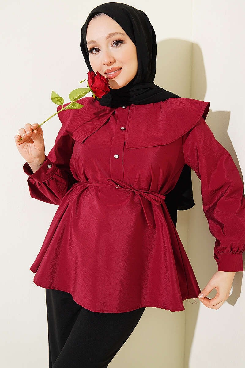 Denizci Yaka İp Kuşaklı Tunik Bordo