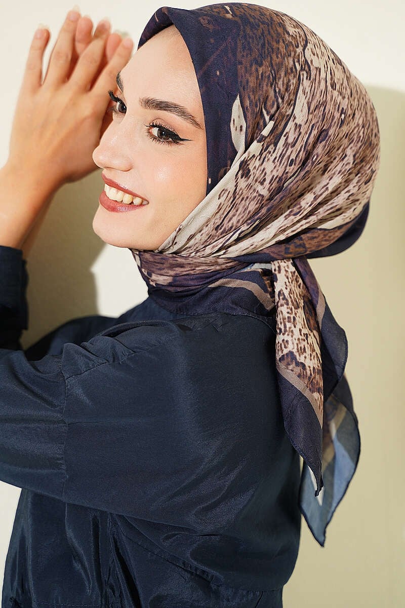Desenli Ayda Bambu Kraş Eşarp Lacivert