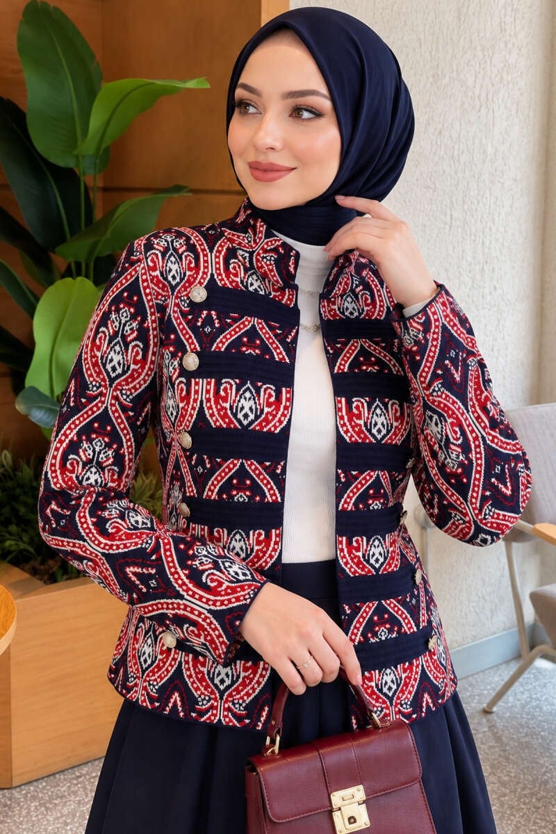 Desenli Düğme Detaylı Triko Hırka Lacivert