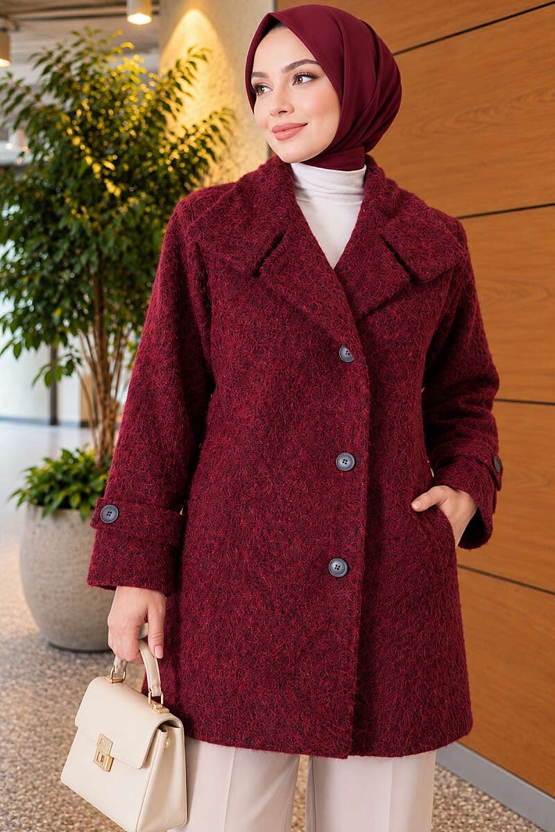 Dik Yakalı Keçe Kaban Bordo