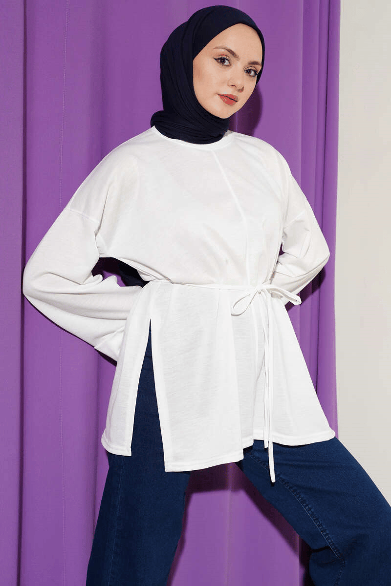 Duble Kol İp Bağcıklı Tunik Beyaz