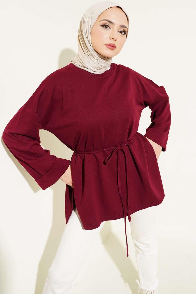 Duble Kol İp Bağcıklı Tunik Bordo