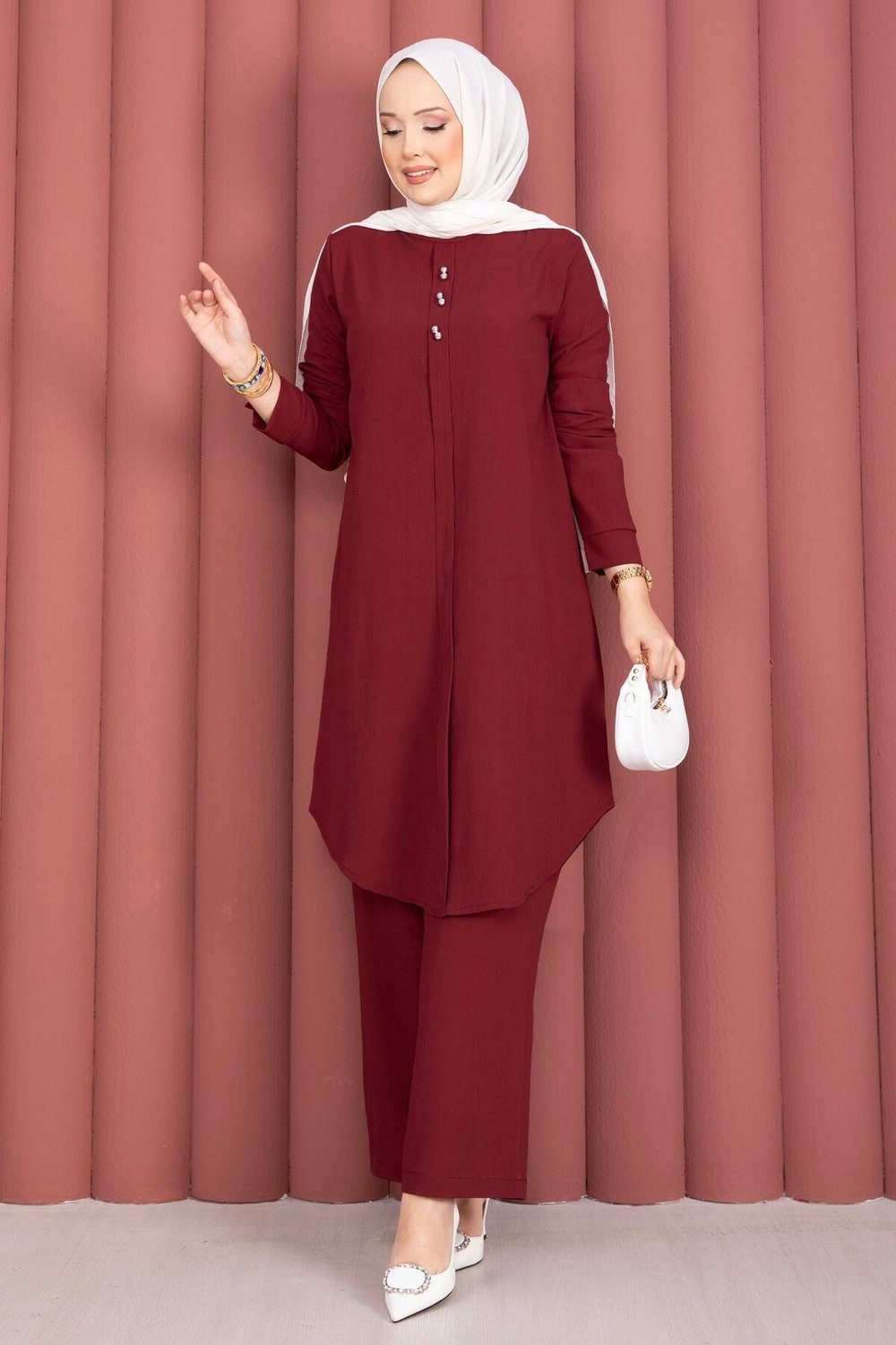 Düğme Aksesuarlı Tunik Pantolonlu Takım Bordo