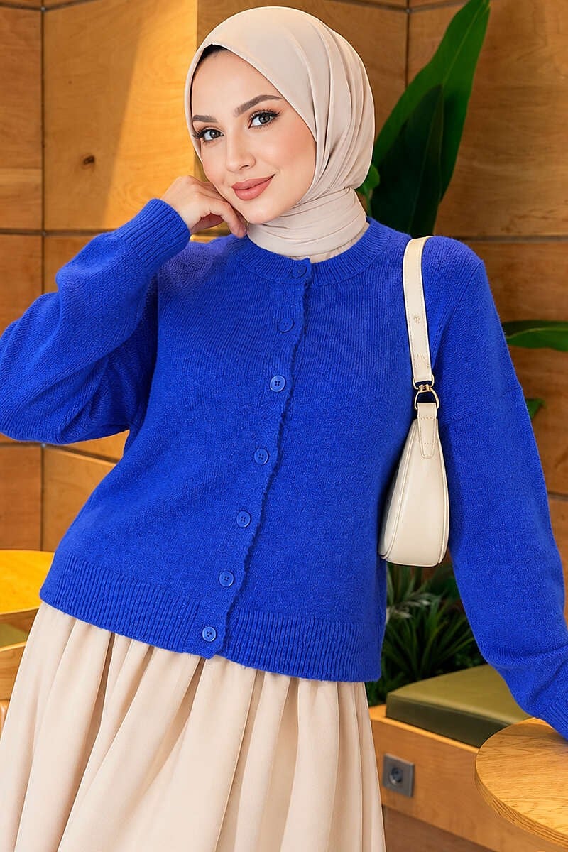 Düğmeli Basic Kısa Triko Hırka Saks
