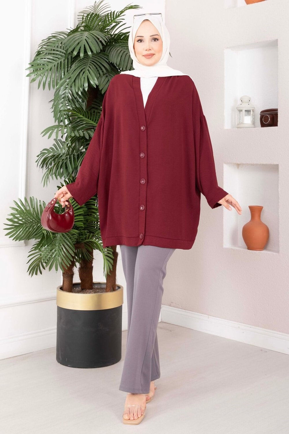 Düğmeli Salaş Aerobin Kimono Bordo