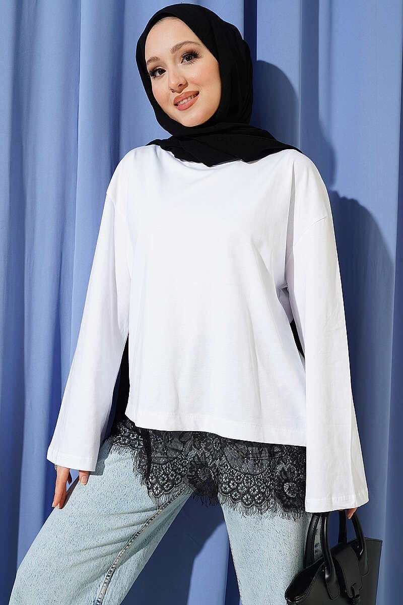 Etek Ucu Dantelli Basic Tunik Beyaz