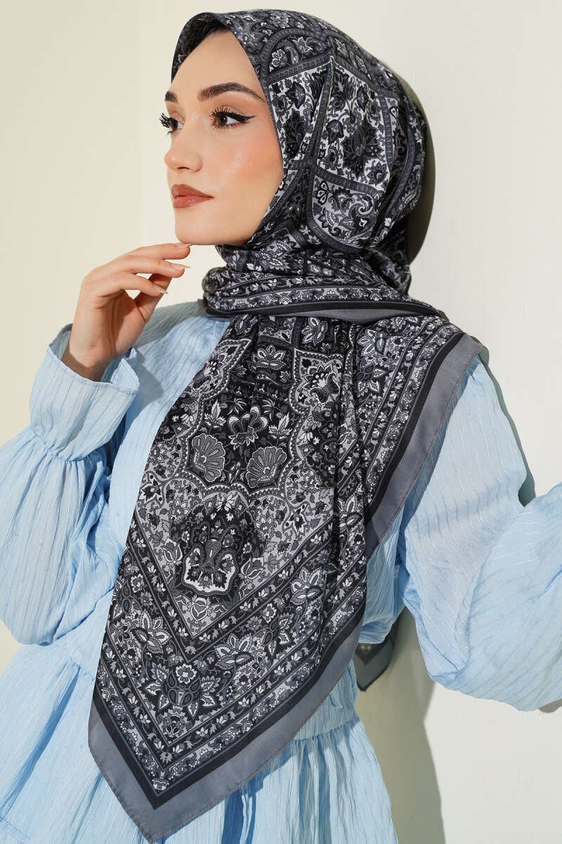 Etnik Desenli Şerit Geçişli Eşarp Füme