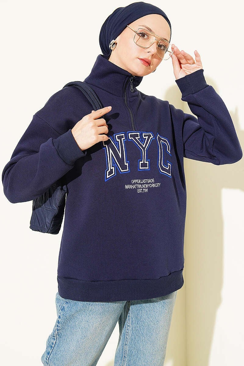 Fermuarlı Nyc Nakışlı Sweatshirt Lacivert