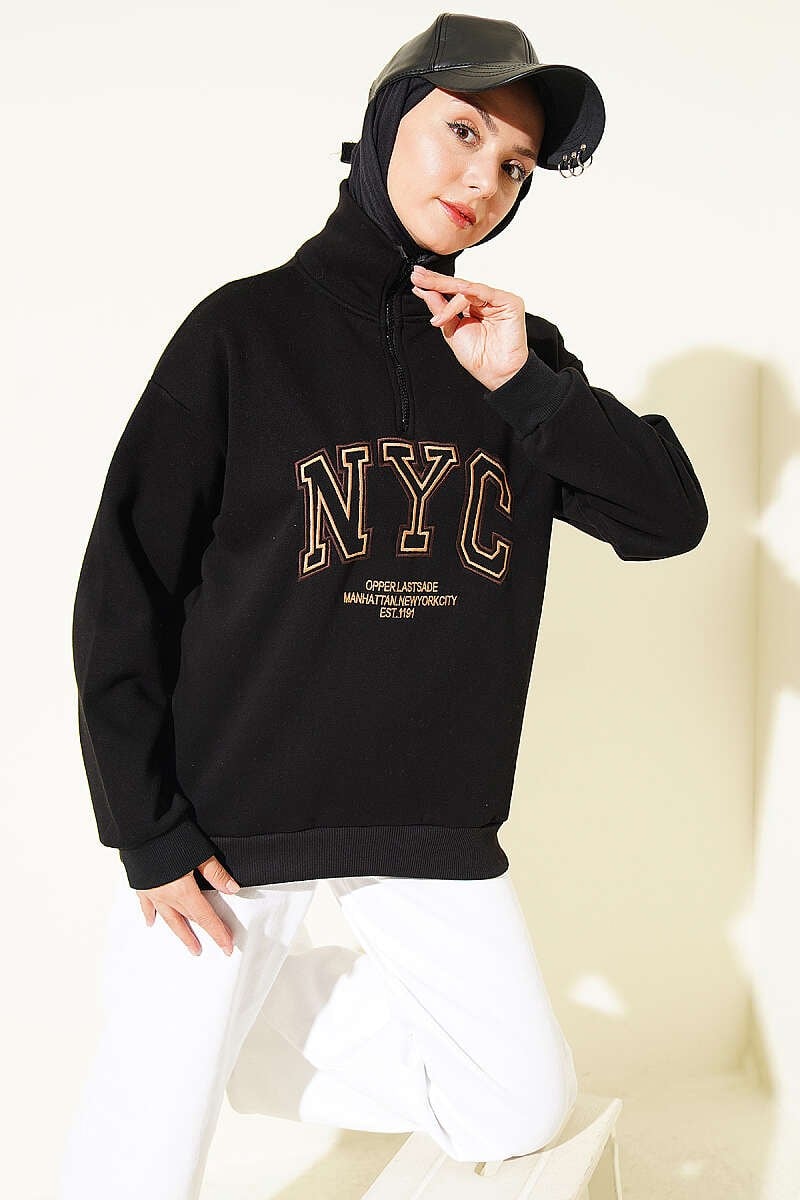 Fermuarlı Nyc Nakışlı Sweatshirt Siyah