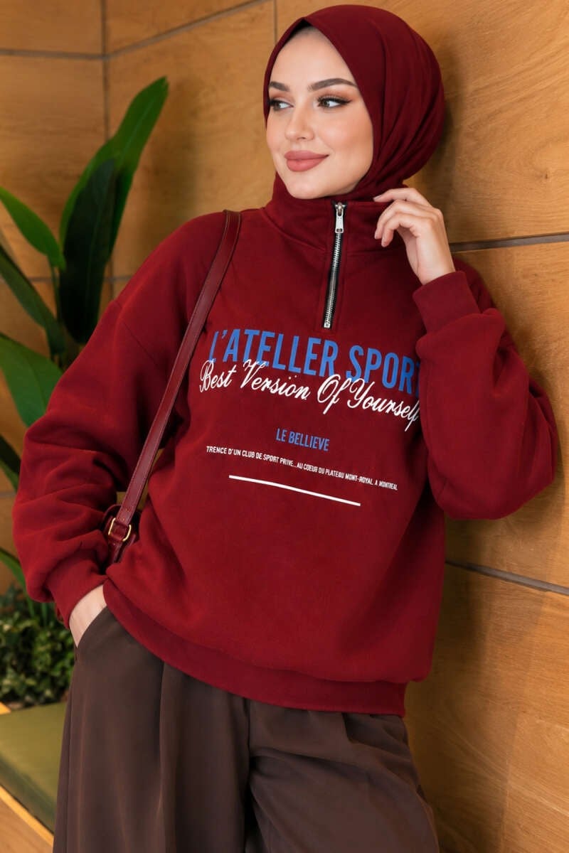 Fermuarlı Üç İplik Baskılı Sweatshirt Bordo