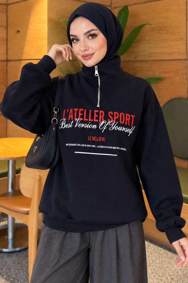 Fermuarlı Üç İplik Baskılı Sweatshirt Lacivert