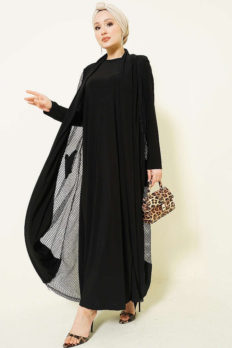 Fileli Detaylı Abaya Siyah