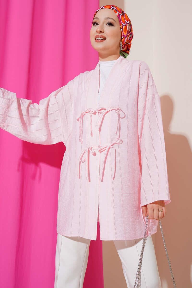 Fiyonk Detaylı Düğmeli Kimono Pembe