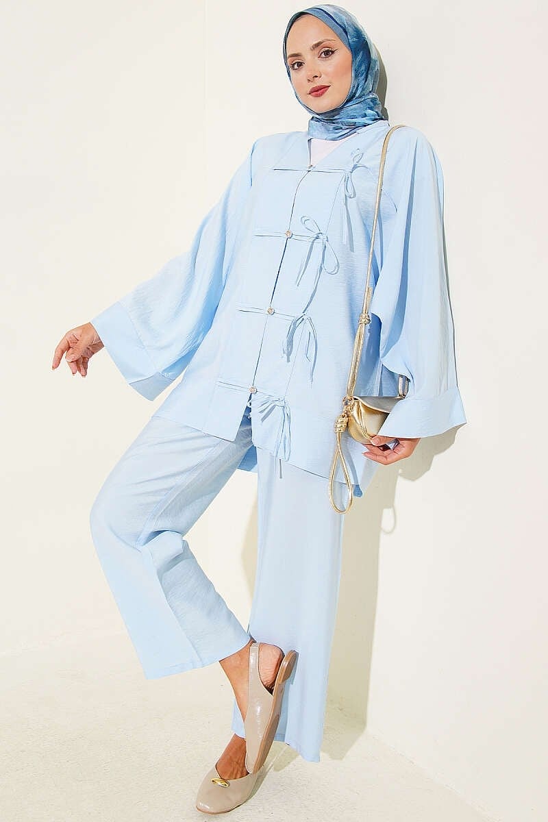 Fiyonk Detaylı Kimono İkili Takım Mavi