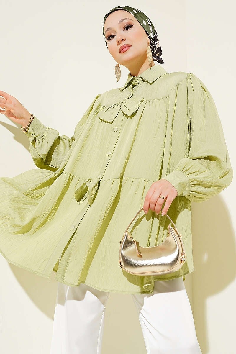 Fiyonk Detaylı Oversize Gömlek Çağla Yeşili