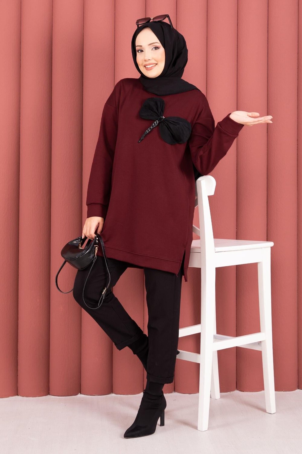 Fiyonk Detaylı Taş İşlemeli Oyşo Tesettür Tunik Bordo