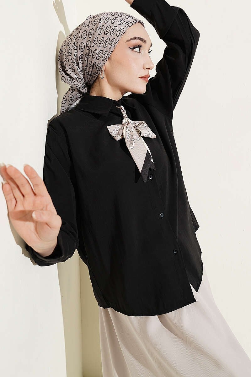 Fular Detaylı Basic Modal Gömlek Siyah