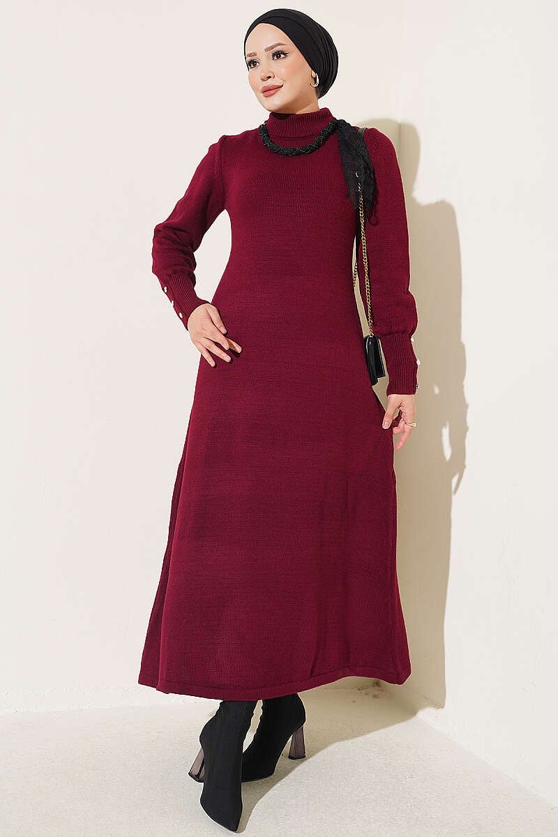 Fularlı Detaylı Triko Elbise Bordo