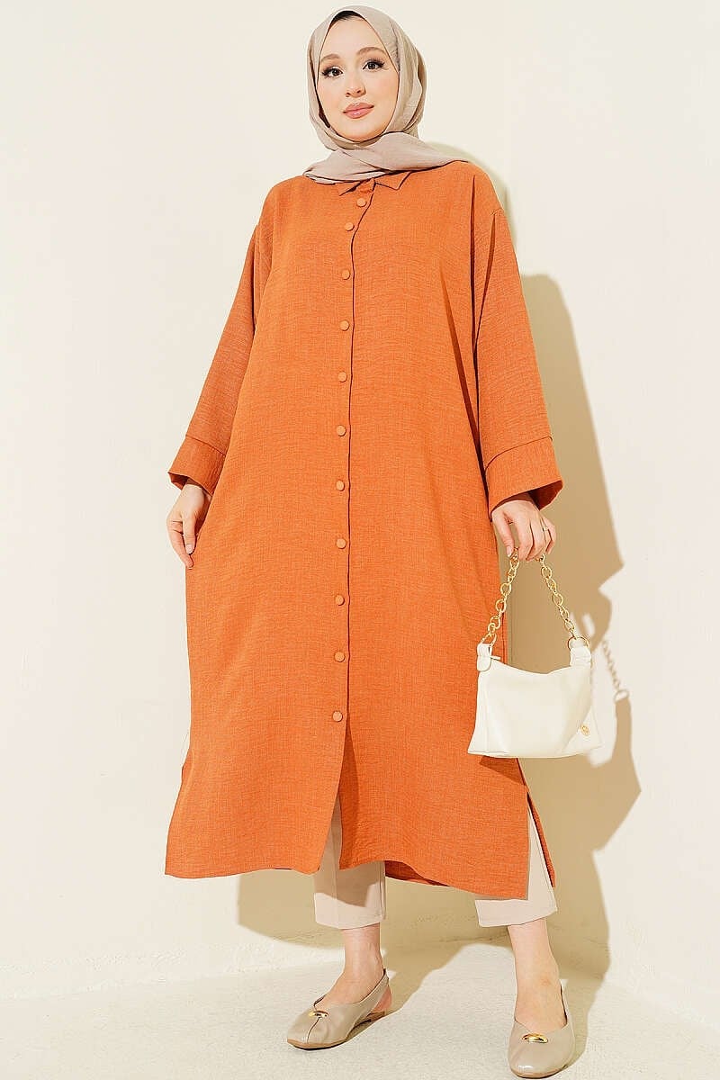 Geniş Kollu Oversize Uzun Gömlek Taba