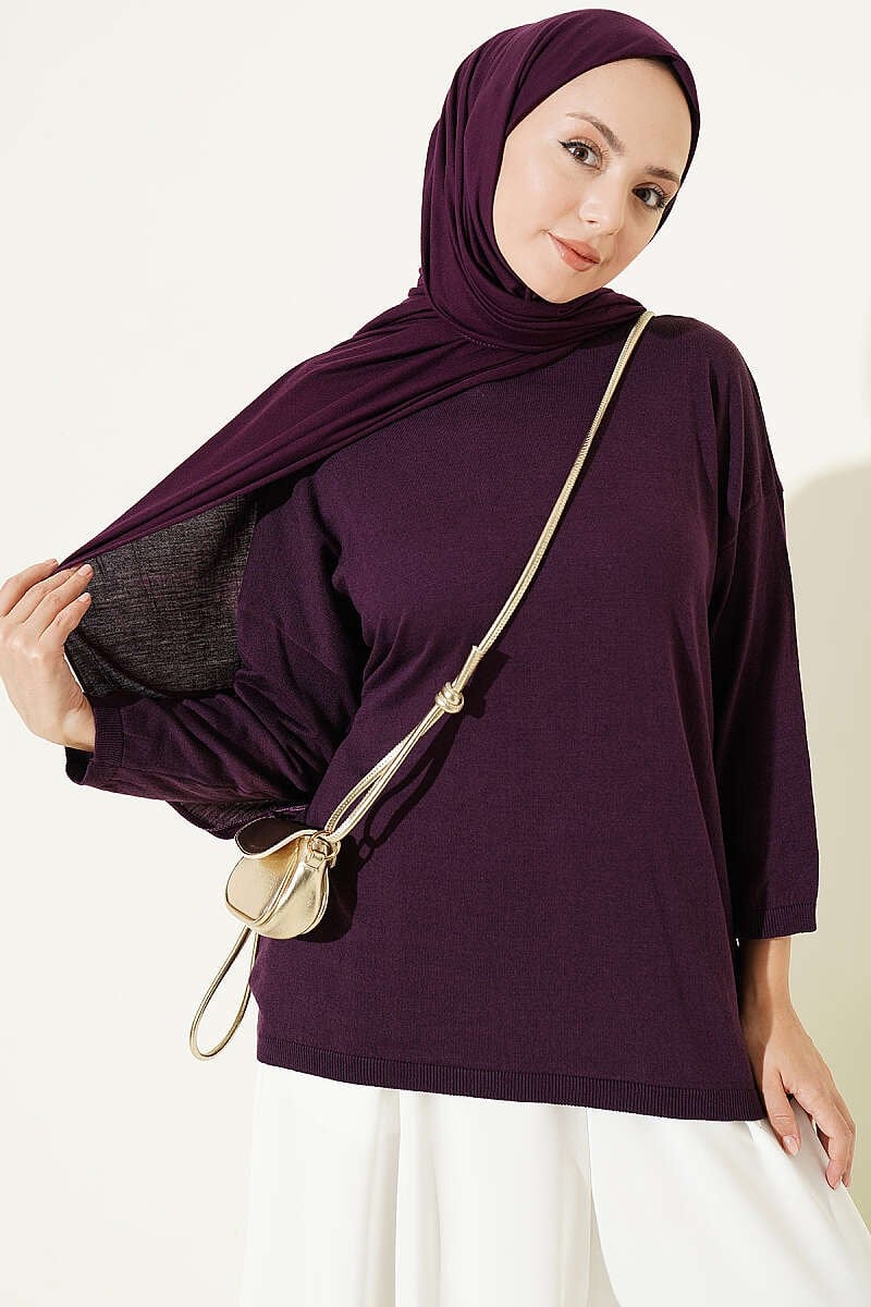 Geniş Yaka Triko Tunik Mor