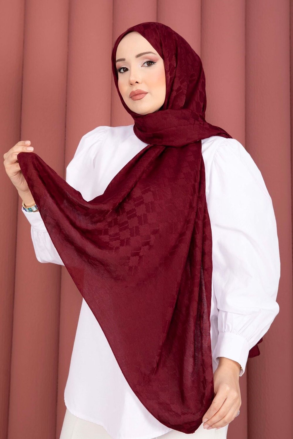 Geometrik Desen Jakar Şal Serisi Bordo