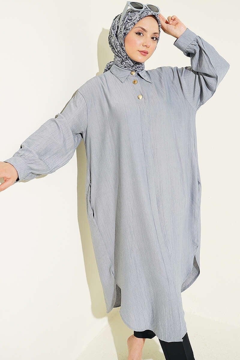 Gizli Düğmeli Cepli Uzun Gömlek Gri