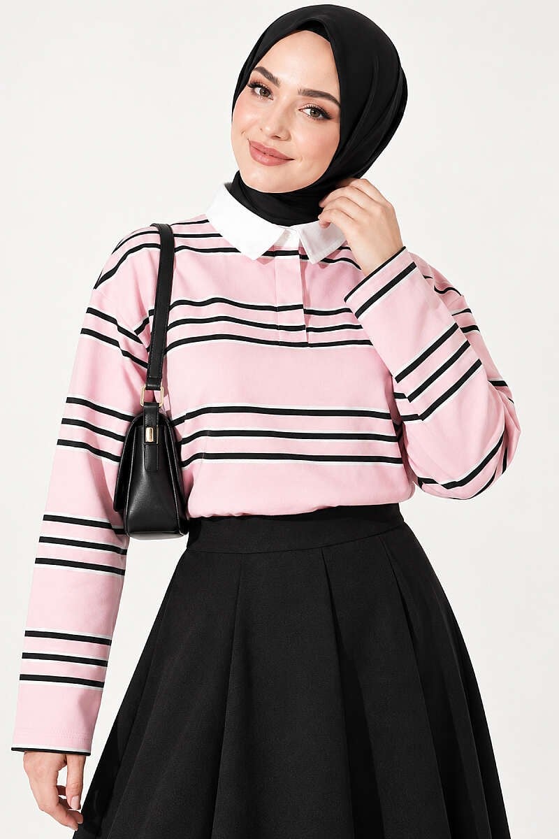 Gizli Düğmeli Yatay Çizgili Tunik Pembe