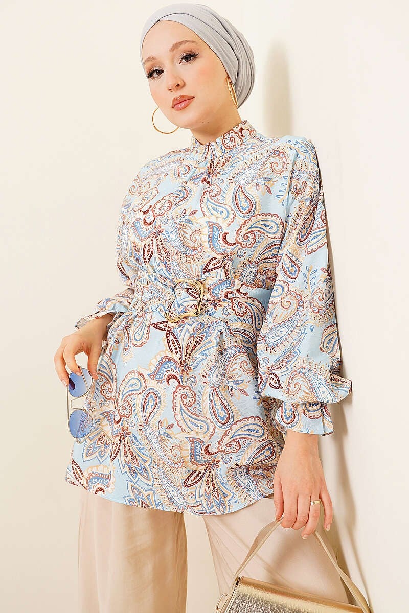 Gold Tokalı Paisley Desen Tunik Mavi