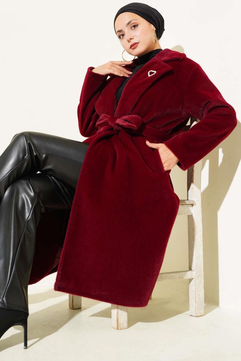 Goldfox Kuşaklı Kaşe Kaban Bordo