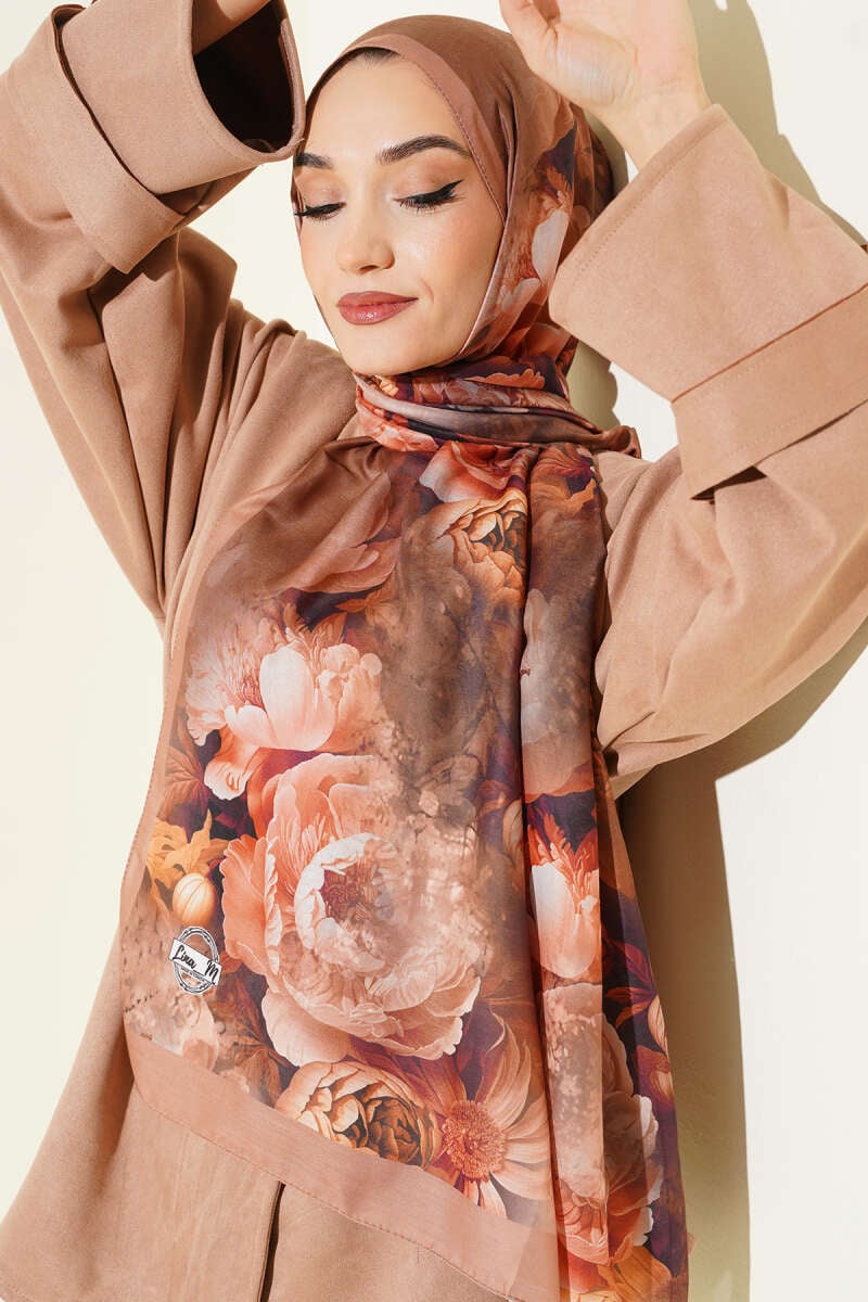 Gül Desenli Soft Şal Camel