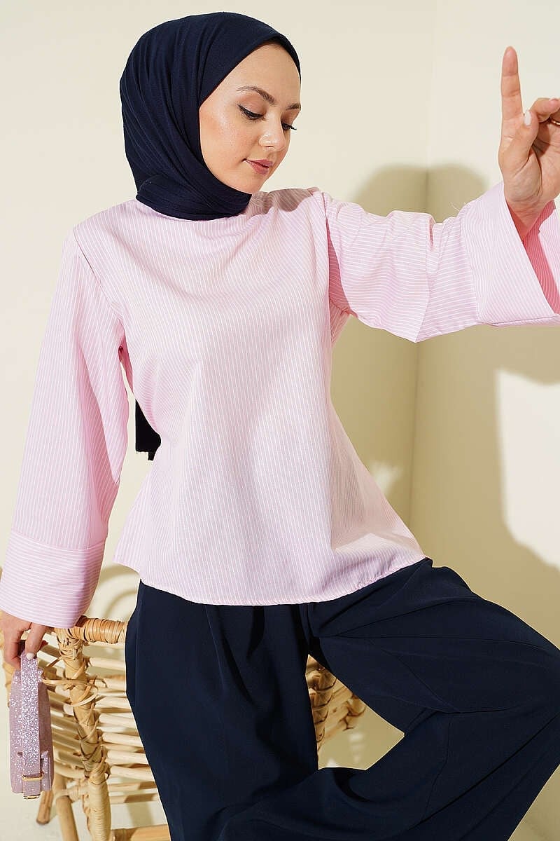 İnce Çizgili Asimetrik Kesim Tunik Pembe