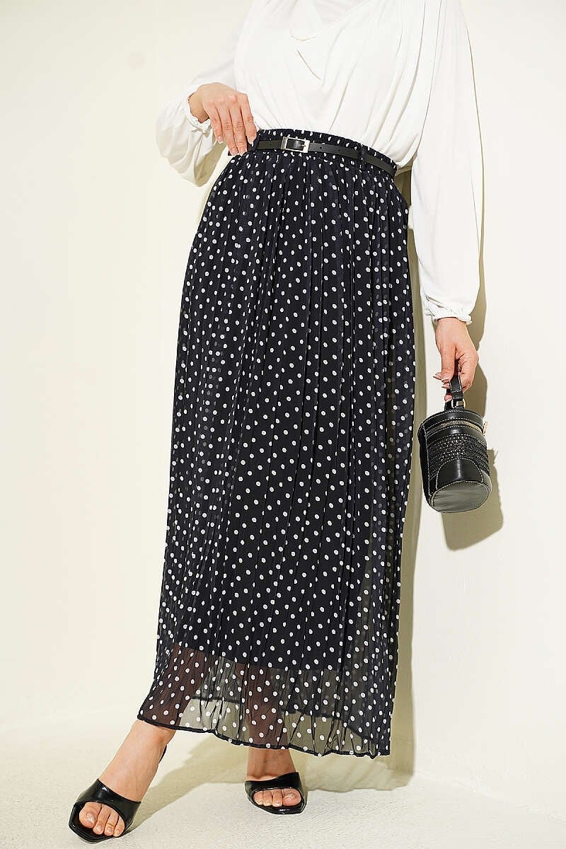 İnce Kemerli Puantiyeli Şifon Etek Siyah