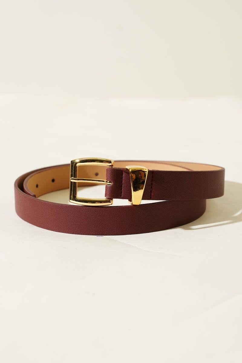 İnce Metal Kare Tokalı Kemer Bordo