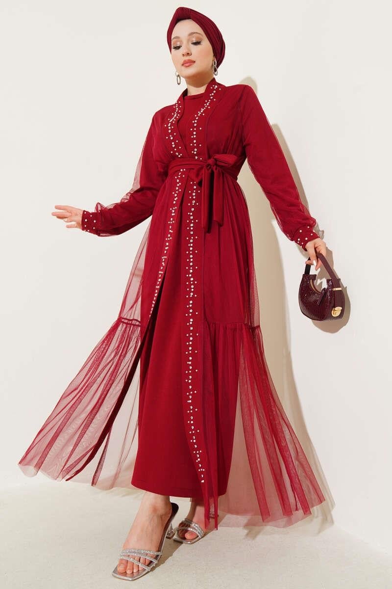 İnci Süslemeli Abaya Bordo