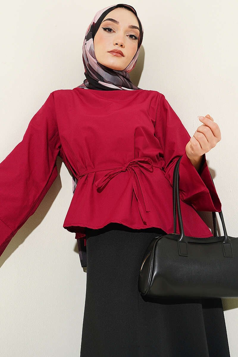 İp Kuşaklı Terikoton Bluz Bordo