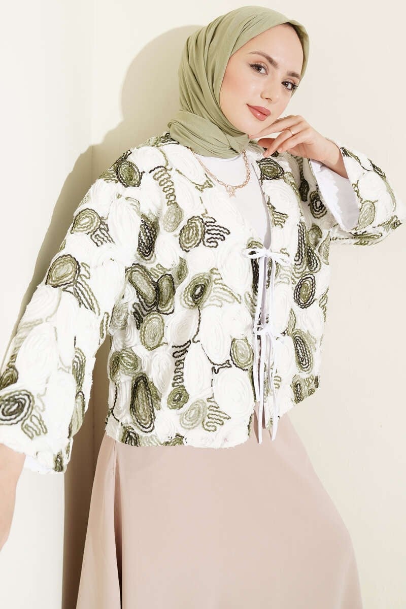 Kabartma Nakışlı Bağcıklı Kimono Haki