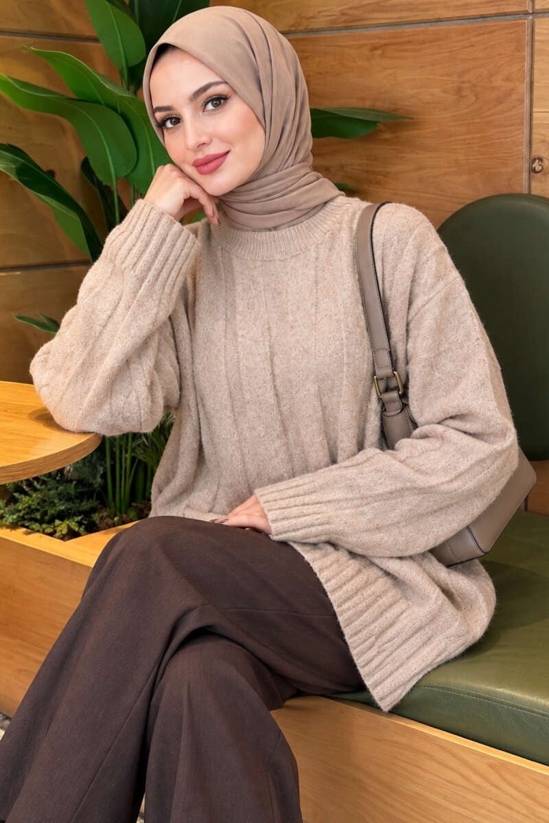 Kalın Fitilli Triko Tunik Bej