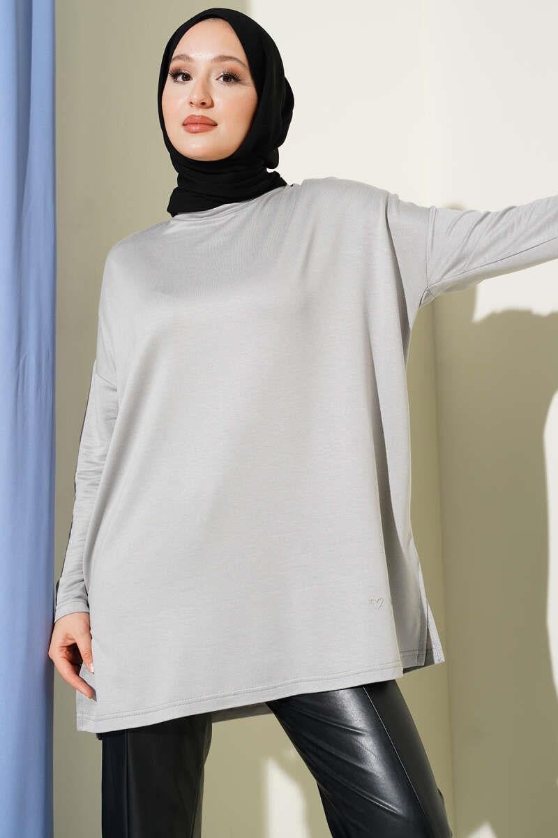 Kalp Detaylı Basic Tunik Gri