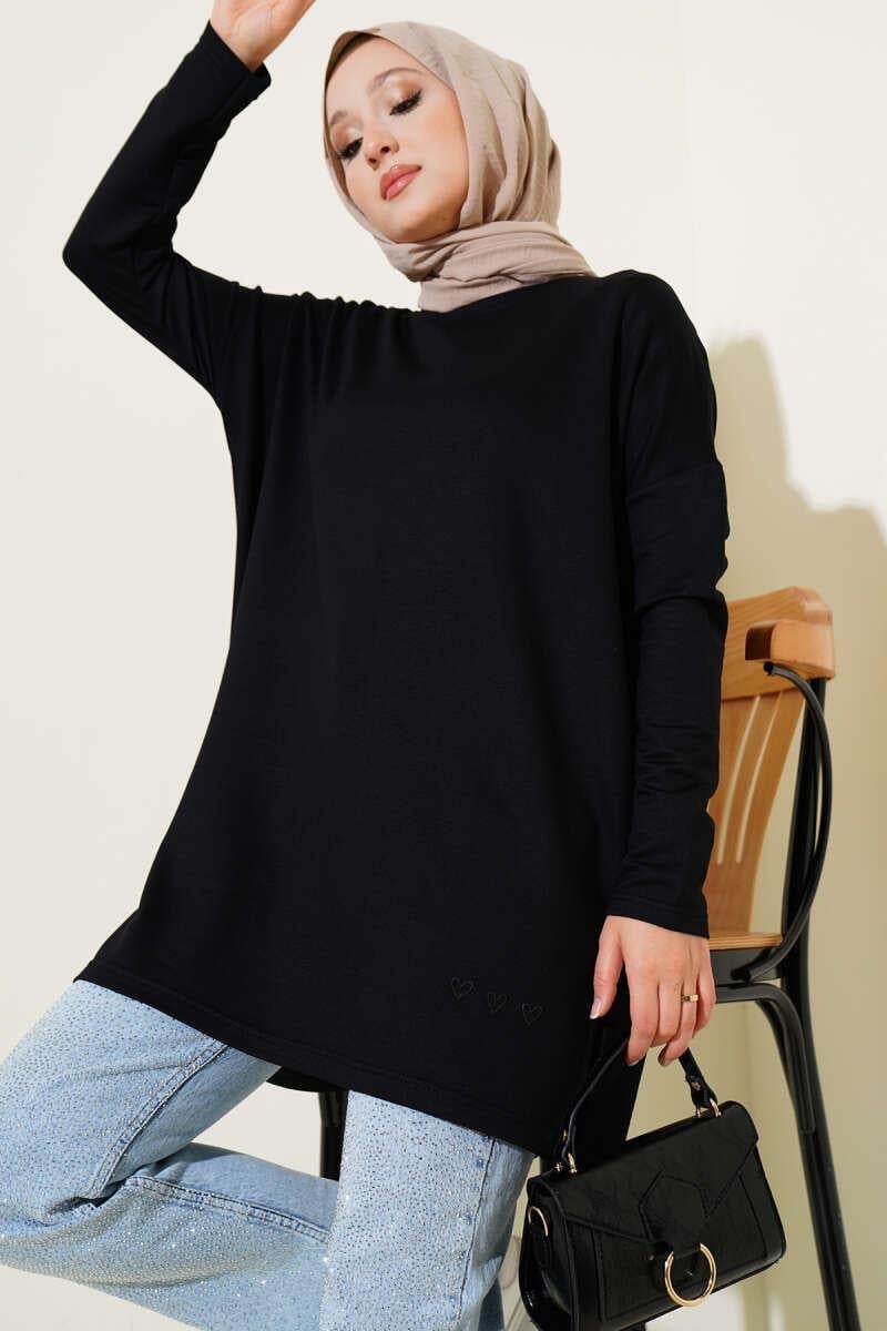 Kalp Detaylı Basic Tunik Siyah