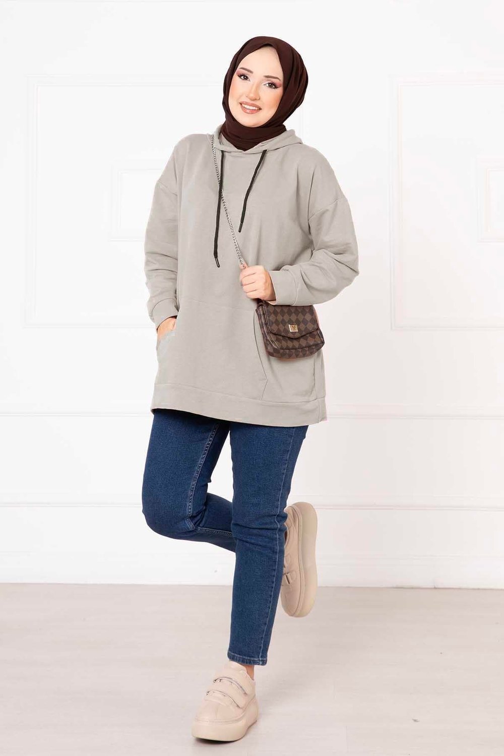 Kanguru Cepli Tesettür Sweatshirt Taş