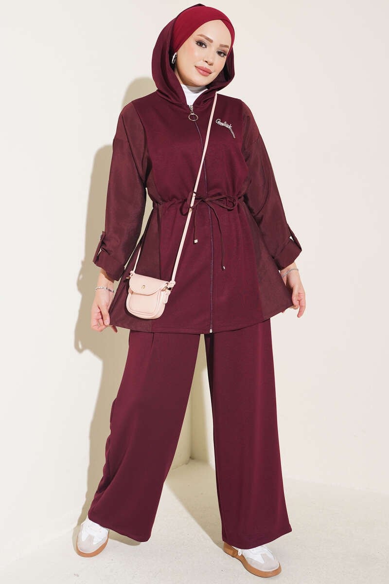 Kapüşonlu Bel Tünelli İkili Takım Mürdüm