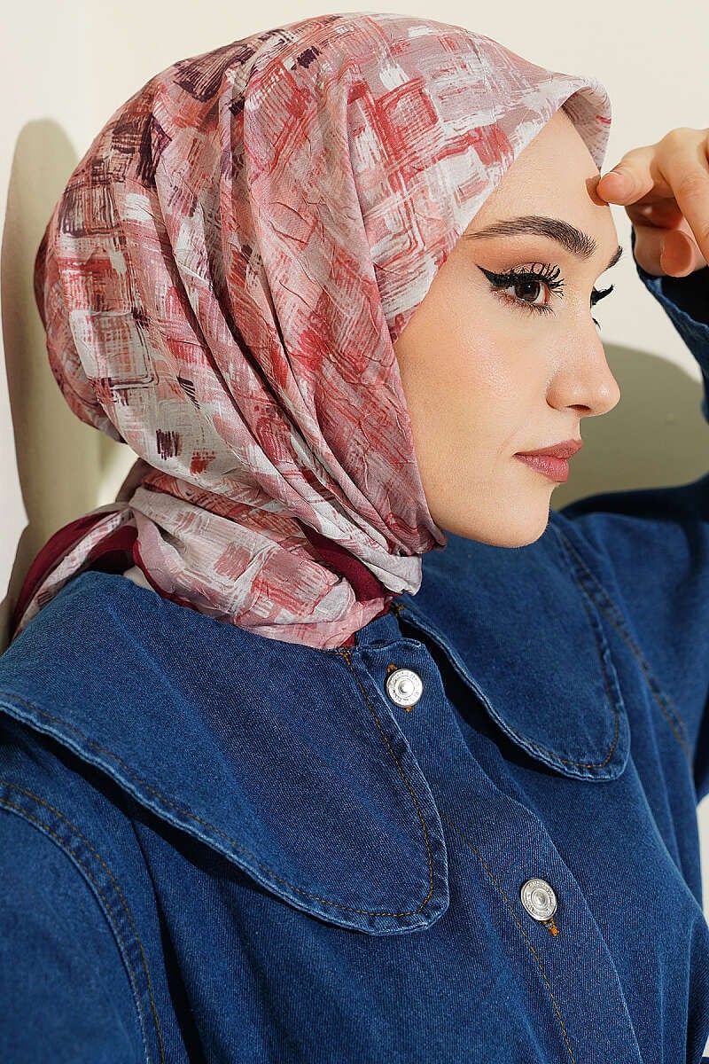 Kare Çizgili Bambu Kraş Eşarp Bordo