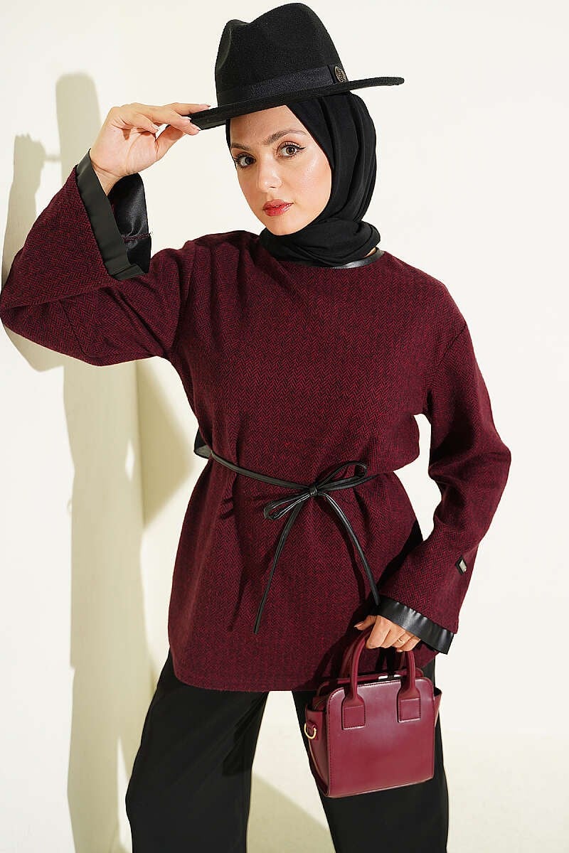 Kazayağı Deri İp Bağcıklı Garnili Tunik Bordo
