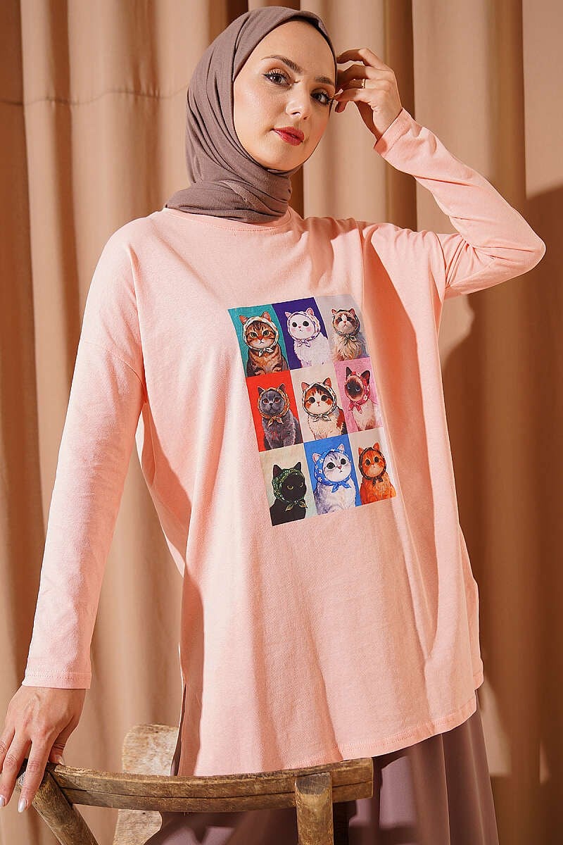 Kedi Baskılı Tunik Pudra